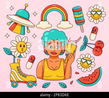 Groovy vecteur. Femme tenant la glace, patins à roulettes, ovni, chery, arc-en-ciel et fleurs Illustration de Vecteur