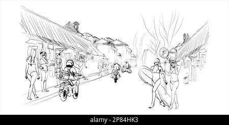 Dessin noir et blanc dessiné à la main d'une boutique de souvenirs dans la ruelle de Jalan Pantai Kuta, Bali Illustration de Vecteur