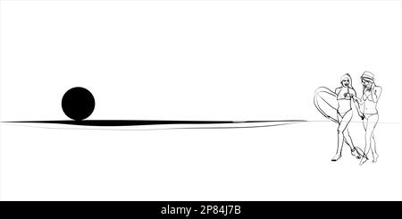 Dessin noir et blanc dessiné à la main d'une femme en bikini appréciant le coucher du soleil sur la plage de Kuta, Bali Illustration de Vecteur