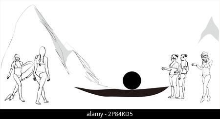 Dessin noir et blanc dessiné à la main d'une femme en bikini appréciant le coucher du soleil sur la plage de Kuta, Bali Illustration de Vecteur