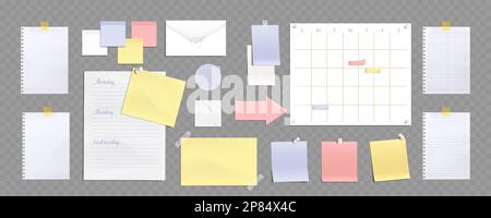 Notes sur papier, pages de bloc-notes, autocollants et enveloppe. Maquette d'école ou de bureau avec feuilles de papier vierges avec épingles et ruban adhésif, modèle de lettre et de calendrier, ensemble vectoriel réaliste Illustration de Vecteur