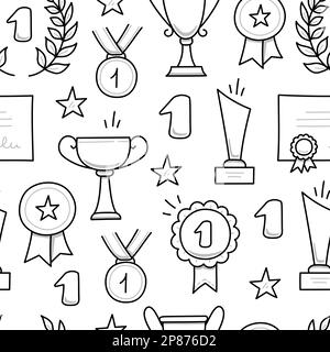 Motif sans couture dessiné à la main primé. Coupe de trophée gagnante, médaille de champion, formation de certificat de gain. Dessin à la main doodle style champion, victoire, éléments de succès. Illustration vectorielle. Illustration de Vecteur