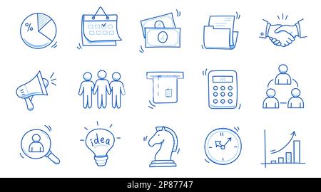 Ensemble d'icônes professionnelles Doodle. Concept de travail d'équipe de Doodle Business, Finance, Office. Calendrier, calculatrice, élément graphique. Illustration vectorielle de style d'esquisse dessinée à la main Illustration de Vecteur