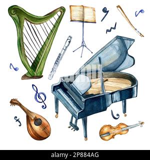 Harpe, violon, piano à queue et aquarelle de mandoline isolée. Jeu d'instruments de musique à cordes, notes dessinées à la main. Elément de conception pour fl Banque D'Images