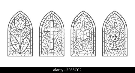 Fenêtres en verre de l'église. Mosaïques colorées cadres catholiques avec croix, livre et symboles religieux. Ensemble de vecteurs isolé sur fond blanc Illustration de Vecteur