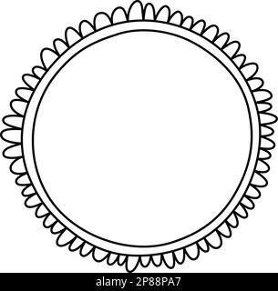 Cadre festonné à cercle Doodle. Forme d'ellipse d'arête festonnée dessinée à la main. Forme simple d'étiquette ronde. Fleur silhouette dentelle cadre. Illustration vectorielle Illustration de Vecteur