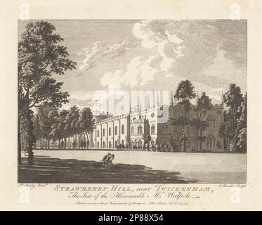 Strawberry Hill, près de Twickenham, villa de style gothique pour écrivain, historien et politicien, Horace Walpole, 1717-1797. Deux jardiniers qui roulent la pelouse devant le manoir à créneaux. Conçu par l'architecte amateur John Chute et le designer Richard Bentley. Gravure sur plaque de coperplate par Edward Rooker après une illustration par Paul Sandby du magazine Copper plate ou Monthly Treasure, G. Kearsley, Londres, 1 octobre 1774. Banque D'Images