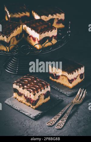 Gâteau allemand Donauwelle (Danube Waves) - gâteau éponge à la vanille et au chocolat avec cerises aigres, crème au beurre à la vanille et glaçage au chocolat Banque D'Images