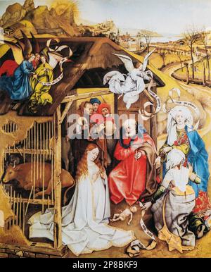 Robert Campin, Maître de Flemalle. Imaginez la Nativité. 1420 par le peintre néerlandais Robert Campin. Comme souvent, le moment montré est l'adoration de Banque D'Images