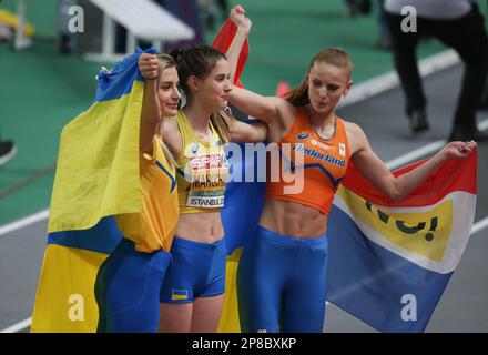 Britt WEERMAN des pays-Bas., Kateryna TABASHNYK et Yaroslava MAHUCHIKH d'Ukraine finale des femmes de saut lors des Championnats européens d'athlétisme en salle 2023 sur 5 mars 2023 à l'Atakoy Arena d'Istanbul, Turquie - photo Laurent Lairys / DPPI Banque D'Images