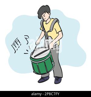 line art garçon jouant la marching snare illustration vecteur dessiné à la main isolé sur fond blanc Illustration de Vecteur