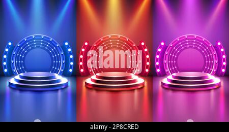 Spectacle de lumière, scène Podium avec pour cérémonie de remise de prix sur fond rouge, ensemble de couleurs. Illustration vectorielle Illustration de Vecteur
