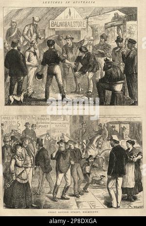 Illustration vintage esquisses d'Australie, Miners contestant une revendication d'or, Great Bourne Street Melbourne, 1870s, 19th siècle Banque D'Images