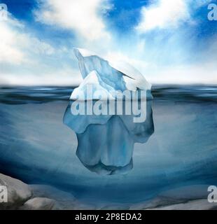 illustration aquarelle du paysage de la mer du nord et du monde sous-marin, ciel bleu, iceberg Banque D'Images