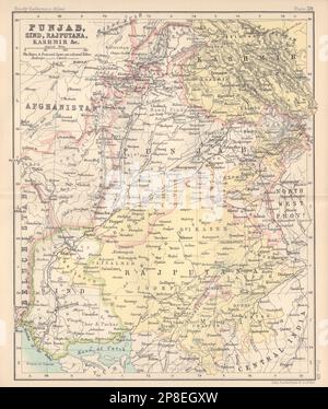 NW Inde britannique. Punjab, Sind, Rajputana, Cachemire, et c. Pakistan 1898 ancienne carte Banque D'Images