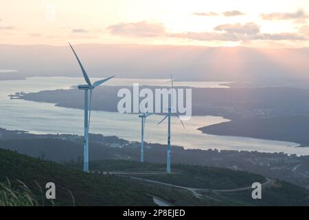 Trois éoliennes dans un paysage rural au coucher du soleil, en Espagne Banque D'Images