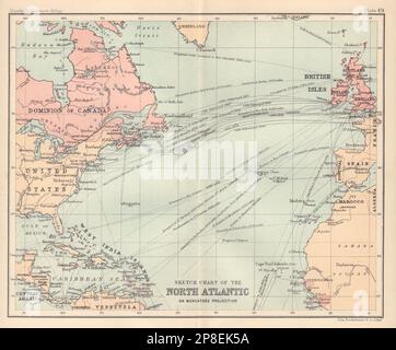 Diagramme de l'Atlantique Nord. Itinéraires d'expédition. BARTHOLOMEW 1898 vieille carte Banque D'Images