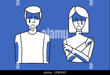 Triste pleurs homme et femme, bleu et blanc, émotion de tristesse, mélancolie de mari et de femme. Dessin au trait, style d'esquisse dessiné à la main à moitié de corps. Illustration de Vecteur