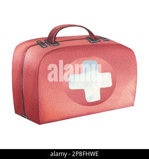 Rouge, valise médicale ambulance, trousse de premiers soins avec une croix. Illustration aquarelle. Objet isolé sur fond blanc de la collection VÉTÉRINAIRE. Pour Banque D'Images