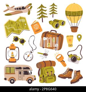 Explorez et voyagez la collection clipart. Concept de Wanderlust et d'activités de plein air. Jolie collection de clips isolés sur fond blanc. Vecteur il Banque D'Images
