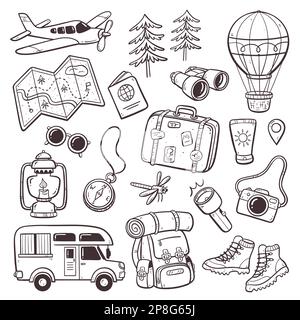 Explorez et voyagez la collection de caniches. Concept de Wanderlust et d'activités de plein air. Jolie collection de caniches isolées sur fond blanc. Vecteur illust Banque D'Images