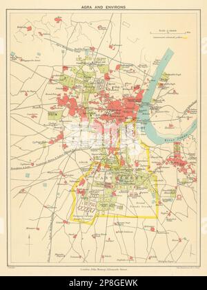 INDE BRITANNIQUE. Agra et environs. Afficher la carte de Cantonment, fort & Taj Mahal 1905 Banque D'Images