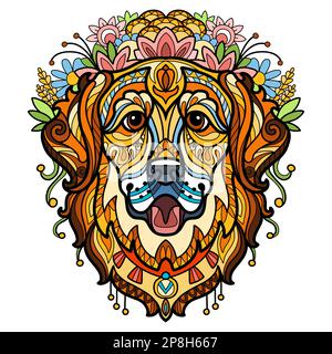 Chien abstrait avec ornements décoratifs et éléments de croque. Gros plan sur la tête de chien Golden Retriever. Illustration vectorielle. Pour l'impression, le design, la décoration, le t-shirt Illustration de Vecteur