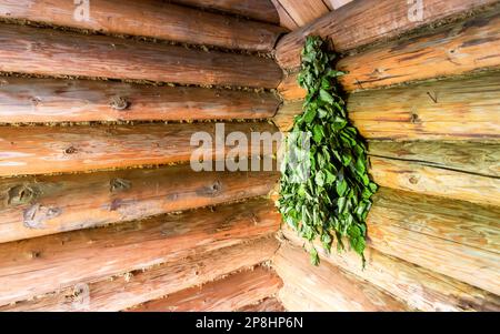 Balai sec de bouleau pour un bain de vapeur à la maison traditionnelle russe de bain en bois Banque D'Images