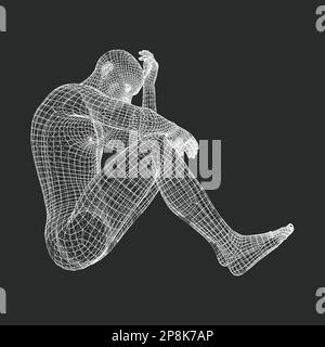 Misérable homme déprimé assis et de penser. L'homme à un penseur. Modèle 3D de l'homme. Vector Illustration. Illustration de Vecteur