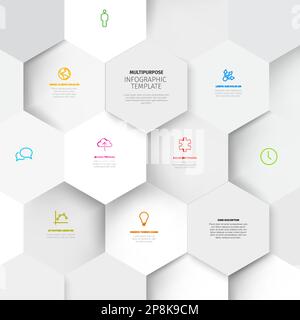 Modèle de rapport graphique vectoriel minimaliste avec mosaïque hexagons rempli de diverses informations, icônes et nombres. Simple 3D réaliste hexag Illustration de Vecteur