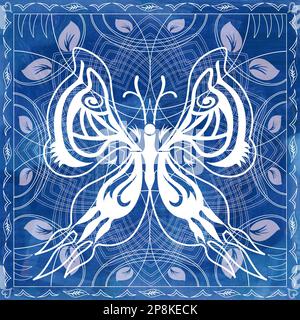 Illustration papillon blanc sur une illustration bleue avec fond de feuillage et de Mandala Banque D'Images