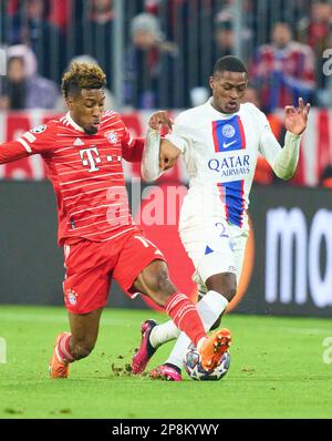 Kingsley Coman, FCB 11 concurrence pour le ballon, s'attaquer, duel, header, zweikampf, Action, combat contre Nuno Mendes, PSG 25 dans le huitième match de finale FC BAYERN MUENCHEN - PARIS SG 2-0 de football UEFA Champions League, match de la saison 2022/2023 à Paris, 08 mars 2023. Achtelfinale, FCB, Munich, PSG © Peter Schatz / Alamy Live News Banque D'Images