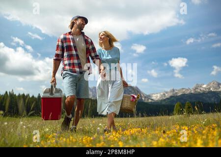 jeune couple caucasien adulte tenant les mains, marchant dans la nature, portant le panier et un frigo mobile, allant pique-nique Banque D'Images