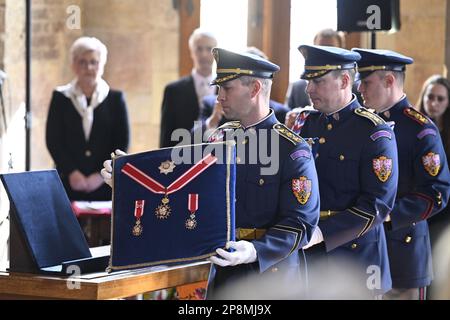 Prague, République tchèque. 09th mars 2023. Une session conjointe des deux chambres du Parlement de la République tchèque dans la salle Vladislav du Château de Prague, au cours de laquelle le Président nouvellement élu Petr Pavel prêtera serment le 9 mars 2023. Sur la photo des soldats de la Garde du Château de Prague avec des décorations. Crédit : Katerina Sulova/CTK photo/Alamy Live News Banque D'Images