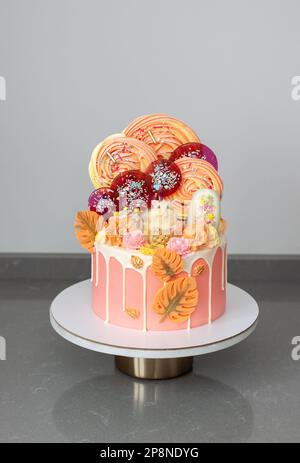 Gâteau d'anniversaire avec souris au chocolat sur le dessus. Décoration avec sucettes, meringues et bonbons. Banque D'Images