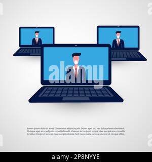 Personnes en vidéoconférence depuis le bureau à domicile - travailler à domicile et établir des connexions sociales via Internet uniquement - concept de conception avec écrans d'ordinateur portable - Illustration de Vecteur
