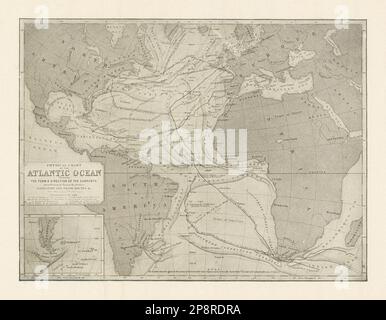 Carte physique de l'océan Atlantique 1907 ancien plan de carte ancien Banque D'Images