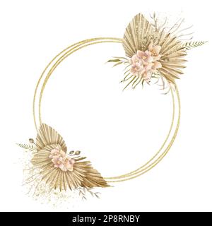 Cadre de cercle floral aquarelle avec feuilles de palmier séchées et fleurs d'orchidées rose pâle en style boho. Couronne isolée dessinée à la main. Modèle Bohemian pour cartes de vœux ou invitations dans des couleurs pastel. Banque D'Images