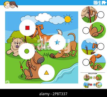 Illustration de dessin animé éducatif faire correspondre les pièces puzzle tâche de puzzle avec les chiens heureux personnages animaux Illustration de Vecteur