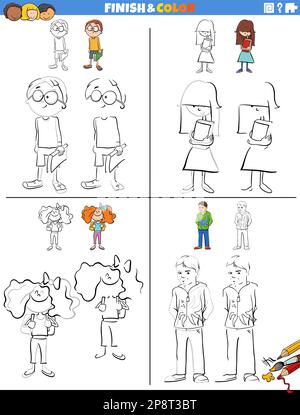 Illustration de dessin et de coloriage des feuilles de travail éducatives avec des personnages enfants Illustration de Vecteur