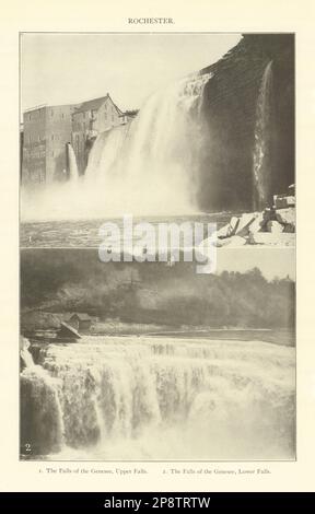 ROCHESTER. Chutes du Genesee, Upper & Lower Falls. New York 1907 vieux imprimé Banque D'Images