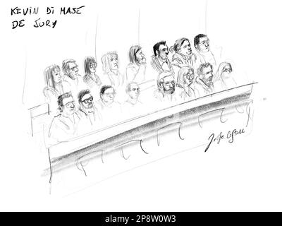 Ce dessin de Jonathan de Cesare montre les membres du jury lors de la session de constitution du jury lors du procès assizes de Di Mase pour la mort de Jean-Manuel Lange, devant le tribunal d'assises de la province de Hainaut à Mons le jeudi 09 mars 2023. Il est jugé pour vol et l'homicide involontaire coupable est une circonstance aggravante. BELGA PHOTO JONATHAN DE CESARE Banque D'Images