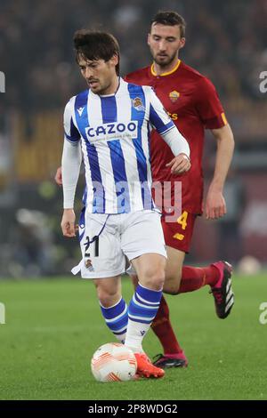 Rome, . 09th mars 2023. Rome, Italie 09.03.2023: David Silva (Real Sociedad) en action pendant le tour de l'UEFA Europa League de 16, match entre AS Roma vs REAL Sociedad au stade olympique le 09 mars 2023 à Rome, Italie. Crédit : Agence photo indépendante/Alamy Live News Banque D'Images