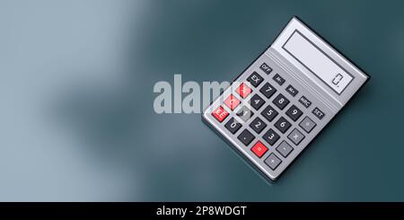 Calculatrice numérique argent, écran zéro sur fond gris bleu vide. Dispositif métallique avec bouton pour opération arithmétique. Espace pour le texte. 3d rendu Banque D'Images