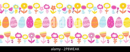 Coloré main dessiné Pâques horizontal sans couture bordure, motif, oeufs de doodle mignon et plantes abstraites pour les textiles, bannières, papier peint. Illustration de Vecteur