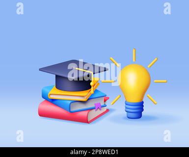 3D ampoule Light Idea avec capuchon de graduation et livres Illustration de Vecteur