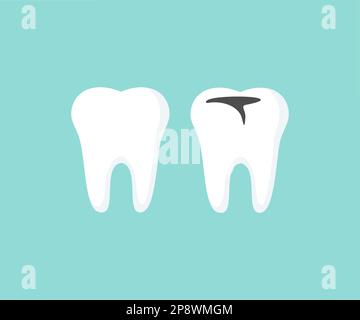 Dent et dent brillantes et saines avec logo de pourriture. Concept dentisterie, traitement dentaire, correction de l'occlusale, soins buccaux, prévention des caries. Illustration de Vecteur