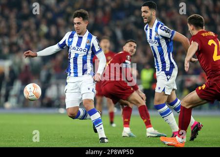 Rome, . 09th mars 2023. Rome, Italie 09.03.2023: Mikel Oyarzabal (Real Sociedad), Mikel Merino (Real Sociedad) en action pendant le tour de l'UEFA Europa League de 16, match entre AS Roma contre REAL Sociedad au stade olympique le 09 mars 2023 à Rome, Italie. Crédit : Agence photo indépendante/Alamy Live News Banque D'Images