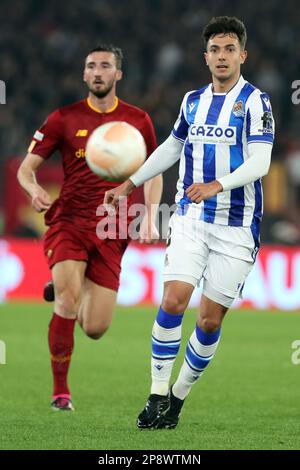 Rome, . 09th mars 2023. Rome, Italie 09.03.2023: Martin Zubimendi (Real Sociedad) en action lors de l'UEFA Europa League Round de 16, match entre AS Roma vs REAL Sociedad au stade olympique le 09 mars 2023 à Rome, Italie. Crédit : Agence photo indépendante/Alamy Live News Banque D'Images