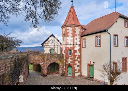 Maison du Commandant historique et tour du château de Dilsberg, Dilsberg, Neckargemund, Bade-Wurtemberg, Allemagne, Europe. Banque D'Images